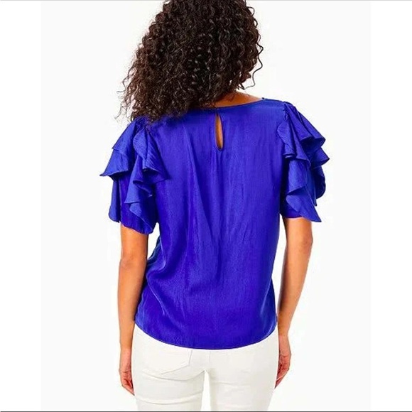 Lilly Pulitzer Vibrant Blue Ruffle Blouse fancy flare feminine bright party - Picture 2 of 12